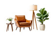 © mimo - Cozy mid century modern living room scene with leather armchair floor lamp and plants transparent background