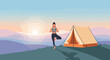 © RADITA - Woman Doing Yoga Near Tent During Sunrise At Hillside For Mindful Vacation