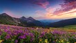 © Judith - serene landscape with vibrant flowers and mountains under a pastel sky at twilight