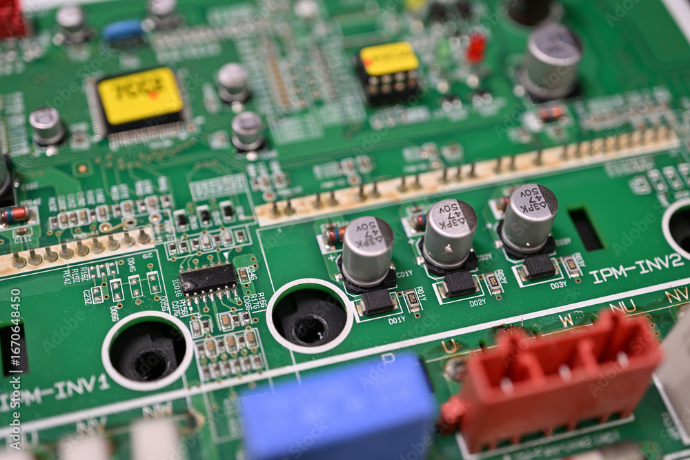Close-up of rectifier diodes next to capacitors on a printed circuit ...