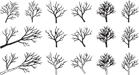 Collection of hand drawn bare trees in winter season isolated on white background