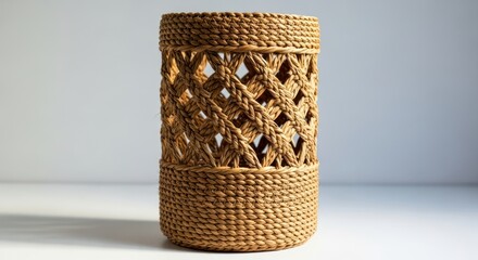 Woven container on white background with intricate pattern detail