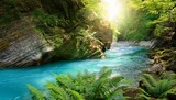 turquoise river flowing through rocky canyon with sunlight and fern