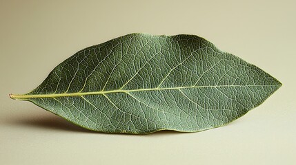 Detailed close up photograph of a single green leaf featuring intricate veining patterns and natural textures