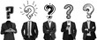 © ImageFlow - Group of headless men in suits with question marks as heads, isolated on white background, drawing style, concept of confusion, decision-making, identity