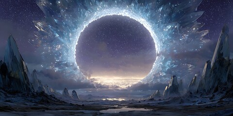 Wall Mural - Fantastic crystal portal on alien planet under starry sky.