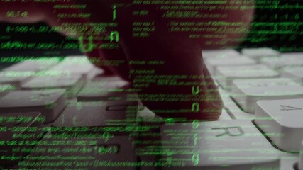Creative visual of computer programming coding and software development shown by man working on computer keyboard with overlay of computer graphic displaying abstract program codes and computer script
