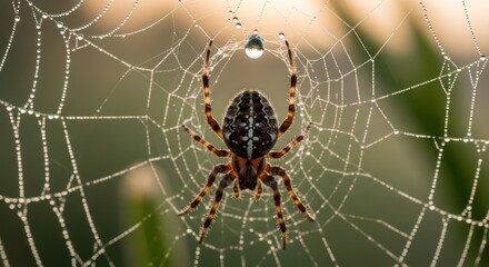 Spider on dewy web in morning light, intricate detail and texture.