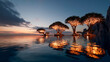 © aMichelle - Glowing illuminated trees reflect in calm ocean water at twilight, creating a surreal dreamlike landscape with nature, serenity, and peaceful magical atmosphere.