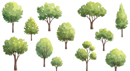 Watercolor trees set isolated on transparent background, hand drawn illustration