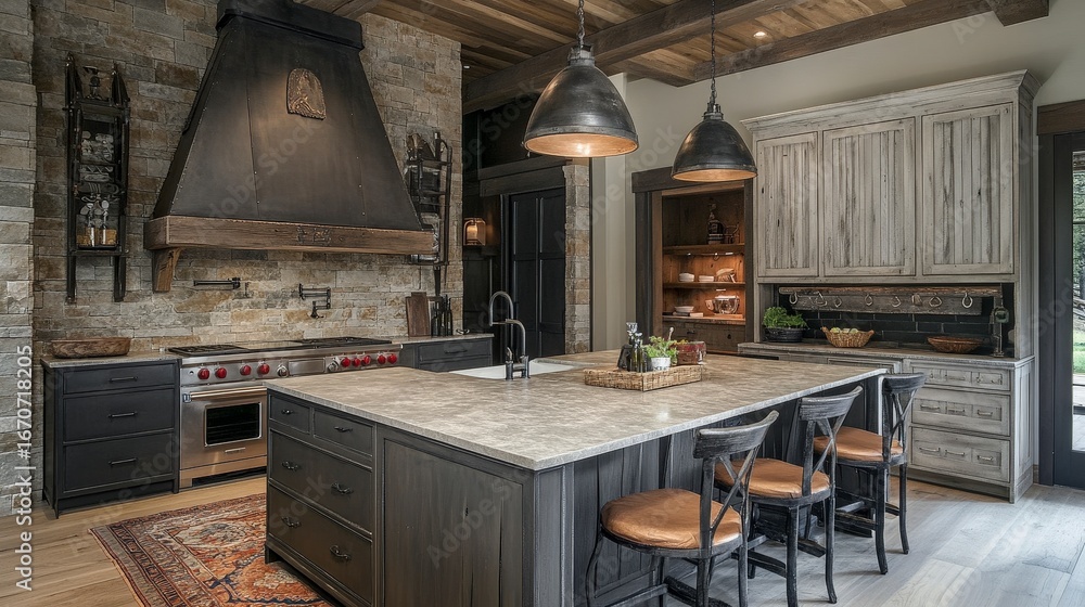 Rustic Kitchen Layout Ideas Rustic kitchen design ideas: stone wall, wood cabinets, island lighting ...
