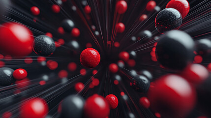 A dynamic array of red and black spheres with motion blur effect on a dark abstract background scene