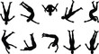 © Halal Artist - Falling silhouettes, dynamic poses, airborne figures, tumbling motion, black vector, flat style, acrobatic movement, human falling, reference set, pose collection