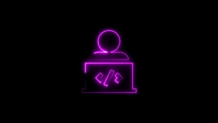 Neon programmer silhouette working on laptop displaying coding symbols against black backdrop