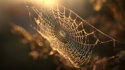 Spider web glistening with morning dew at sunrise
