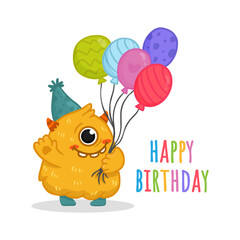 Wall Mural - Cute monster isolated on white background for magazines, birthday cards. Alien, cartoon character. Monster with balloons in flat style. Vector illustration