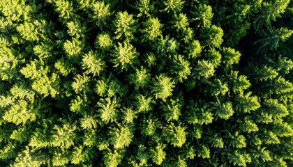 Aerial view lush green pine forest.