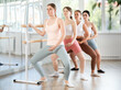 © JackF - Sporty motivated young girl participating in group barre session in fitness studio, performing demi plie exercise to improve flexibility and strengthen muscles..