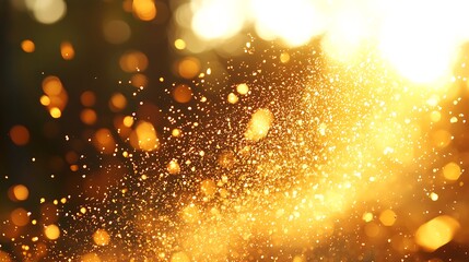 Golden particles and bokeh create a warm and bright abstract photo background.