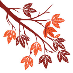 a brown tree branch with orange and red leaves on a white background