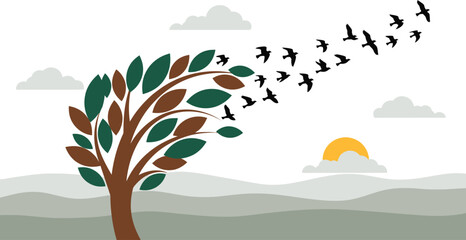a tree with green leaves bending in the wind, birds flying towards the sun.