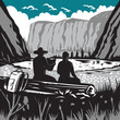 © Redwater Vectors - Illustration of hikers sitting on log reading map near Mirror Lake on Tenaya Creek within Yosemite National Park located in Tenaya Canyon between North Dome and Half Dome done in retro woodcut style.