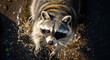 © Milan - Raccoon in a puddle looking up at the camera. High angle view of a cute wild animal splashing in water.