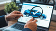 © Muhammad Adnan - Car inspection online with magnifying glass on laptop for vehicle history report and auto check review