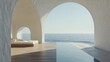 © Angelina - A large living room in a modern house or luxury hotel boasts a wooden floor, an armchair, and a minimal home interior 3d rendering with a view of the beach and the sea
