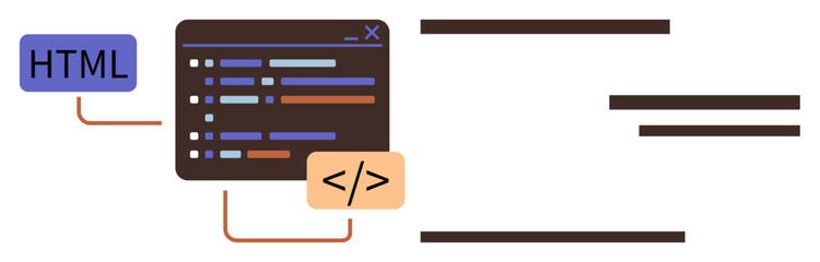 Computer window showing HTML code being built and connected to structured lines. Ideal for programming, coding, website creation, IT, software, front-end development, technology. Simple flat metaphor