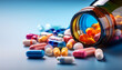 © Orion - colorful capsules and pills spilling from jar close up healthcare setting bright background creative perspective