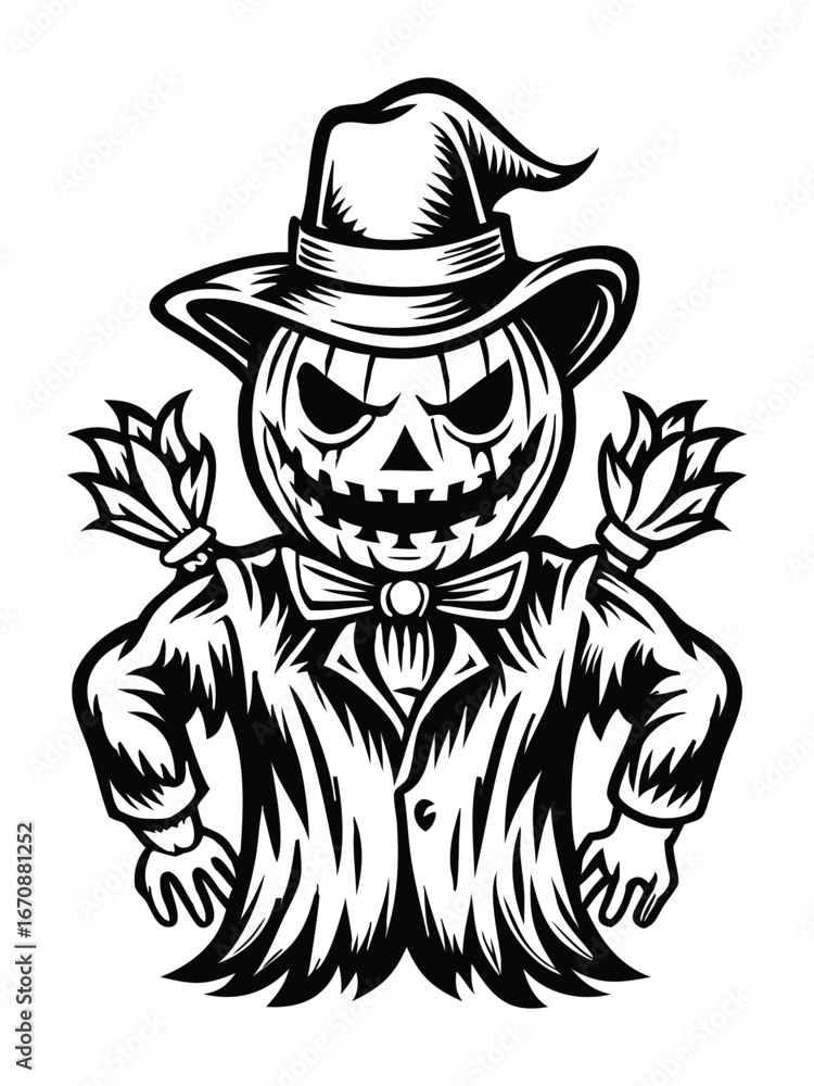 Spooky Jack O Lantern scarecrow with menacing grin and witch hat for ...