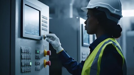 Female Engineer Monitoring Industrial Control Panel in Factory