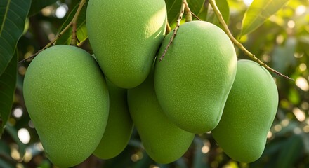 green mangoes hanging on tree branch in natural sunlight