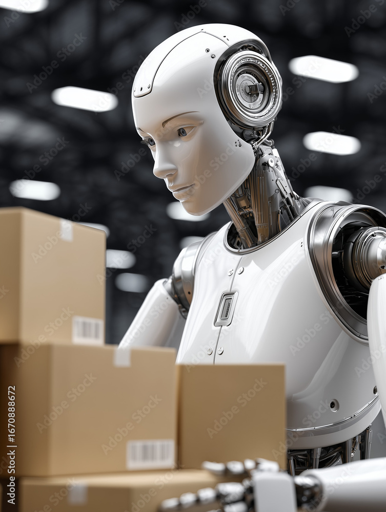 Humanoid robot working in a warehouse handling cardboard boxes Stock ...