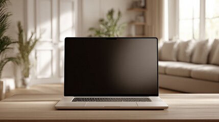 laptop on desk in bright home interior: mockup for technology, design, and remote work
