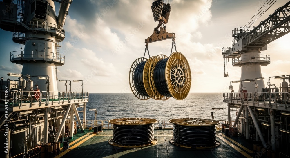Offshore platform crane lifting armored umbilical cable spools for ...