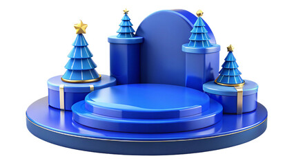 Blue christmas display with trees and podium isolated on transparent background