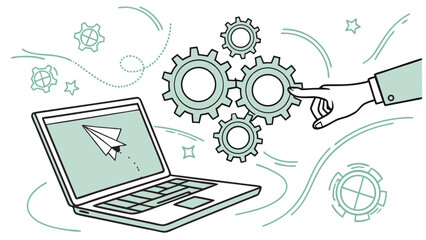 Laptop Computer with Interlocking Gears and Hand Illustration Technology Concept Digital Workflow Business Process Innovation Design.