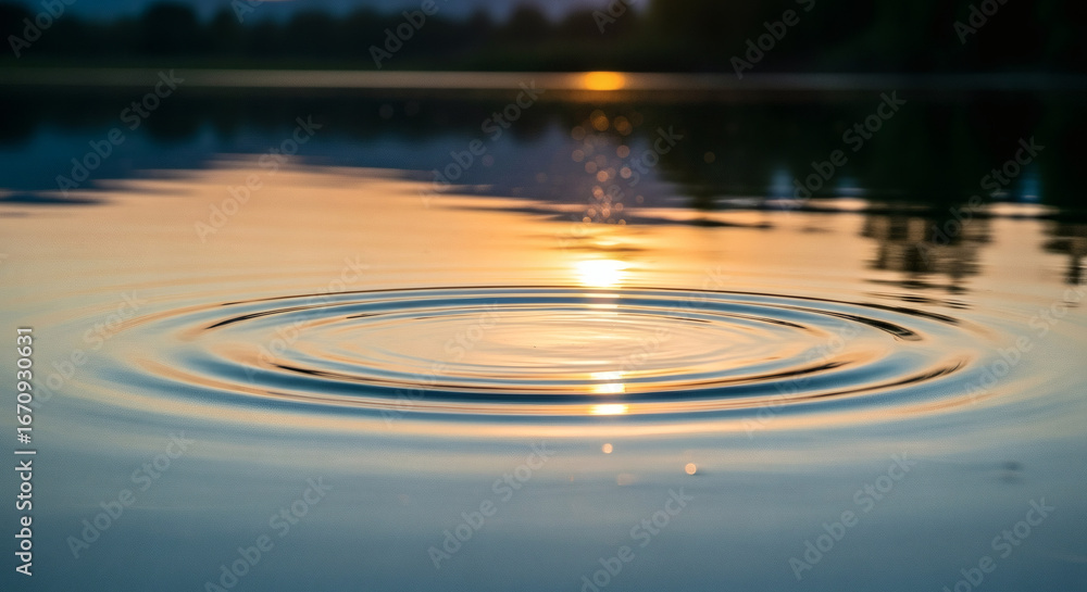 As Ripples Water ripples spreading on a lake surface at sunset creating concentric ...