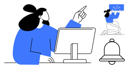 Person pointing at computer screen, developer holding code block, bell icon. Ideal for teamwork, software development, notifications, UX design, coding, learning simple landing page