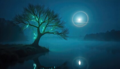 A mystical tree with glowing lights by a lake under a night sky with a bright celestial body visible
