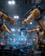 © grey - Industrial robotic arms assembling products with glowing holographic overlay
