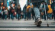 © Justlight - Medium frame capturing confident strides of a cane user receiving haptic cues from a smart navigation device amidst a crowded city crosswalk background pedestrians softly blurred.