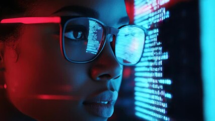 Wall Mural - A woman wearing glasses is looking at a digital screen filled with data, suggesting a focus on advanced analytics and information technology.