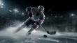 © Chok2533 - A hyper-realistic cinematic photograph of an ice hockey player taking a slapshot. The player is in a powerful, dynamic pose, with the stick bent and the puck about to be hit. The sharp lights