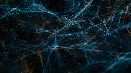 Complex spider web with glowing blue and orange strands against a dark background