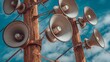 © JovialFox - Close up photograph of several multi directional round amplified emergency siren  or noon time horns on top of a wooden pole in a small town in Wisconsin.