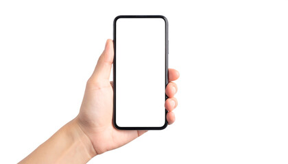 Hand holding phone with blank screen ready for your app or website design mockup template display