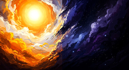 A breathtaking abstract celestial scene where a vibrant sun illuminates swirling golden clouds dramatically contrasting with a dark textured cosmic nebula